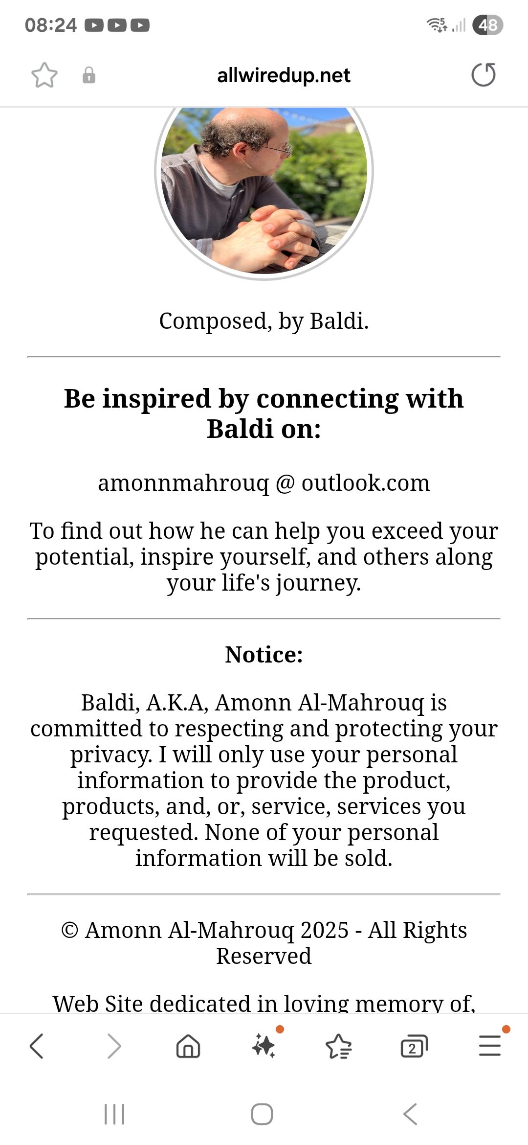 Photo of Baldi's updated Contact Page for 14 July 2025.