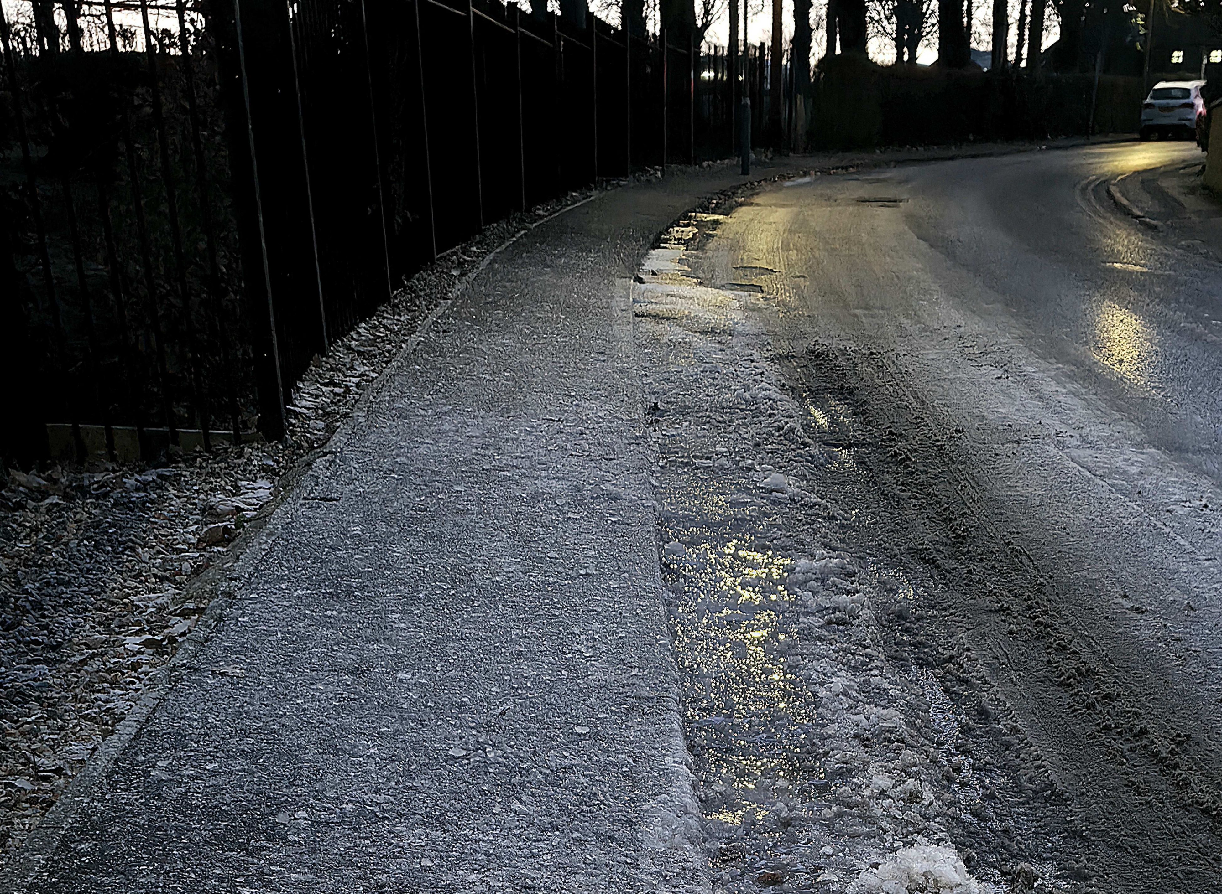 A photo taken by Baldi, A.K.A Amonn AL-Mahrouq of a frozen road whilst he was walking around Guildford, Surrey, United Kingdom in January 2026.