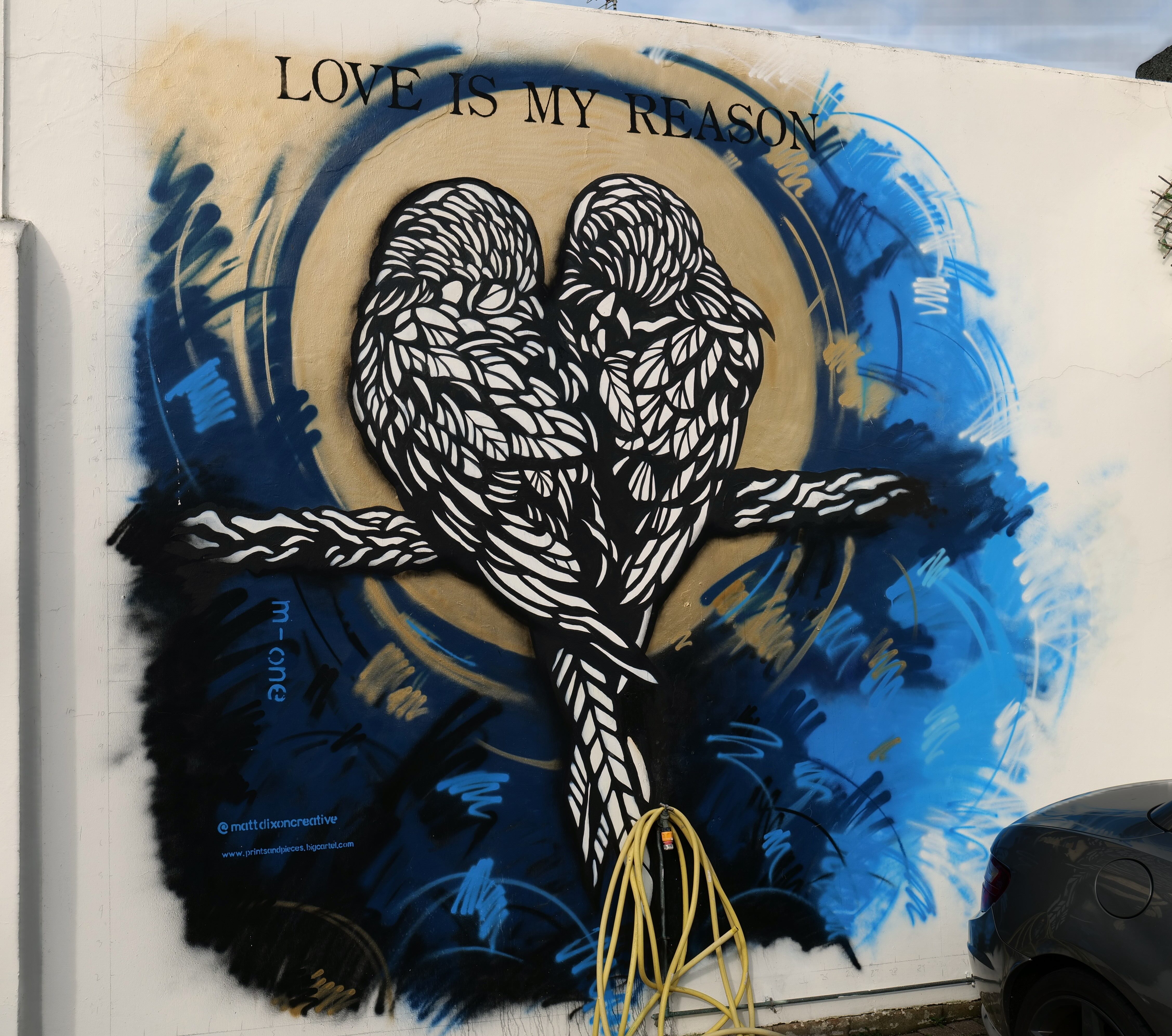 Photo of two Owls sat on their perch saying love is my reason. Photo taken in Portsmouth, United Kingdom by Baldi, A.K.A Amonn AL-Mahrouq.