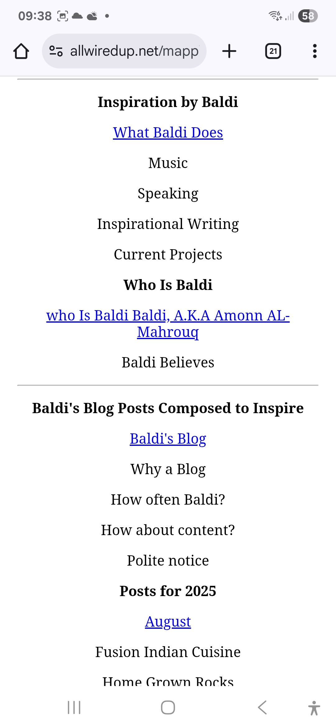 A photo of the progress Baldi's has made on his overall web site plan