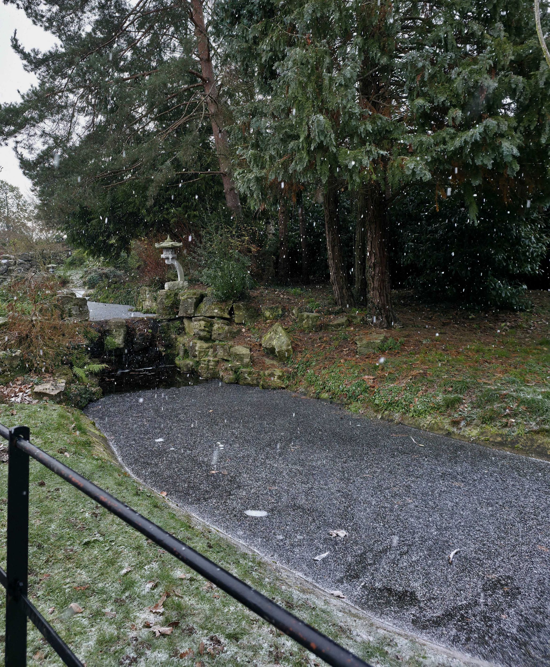 A photo taken by Baldi, A.K.A Amonn AL-Mahrouq of snow falling on a frozen stream in Stoke Park Gardens, Guildford, Surrey, United Kingdom in January 2026.