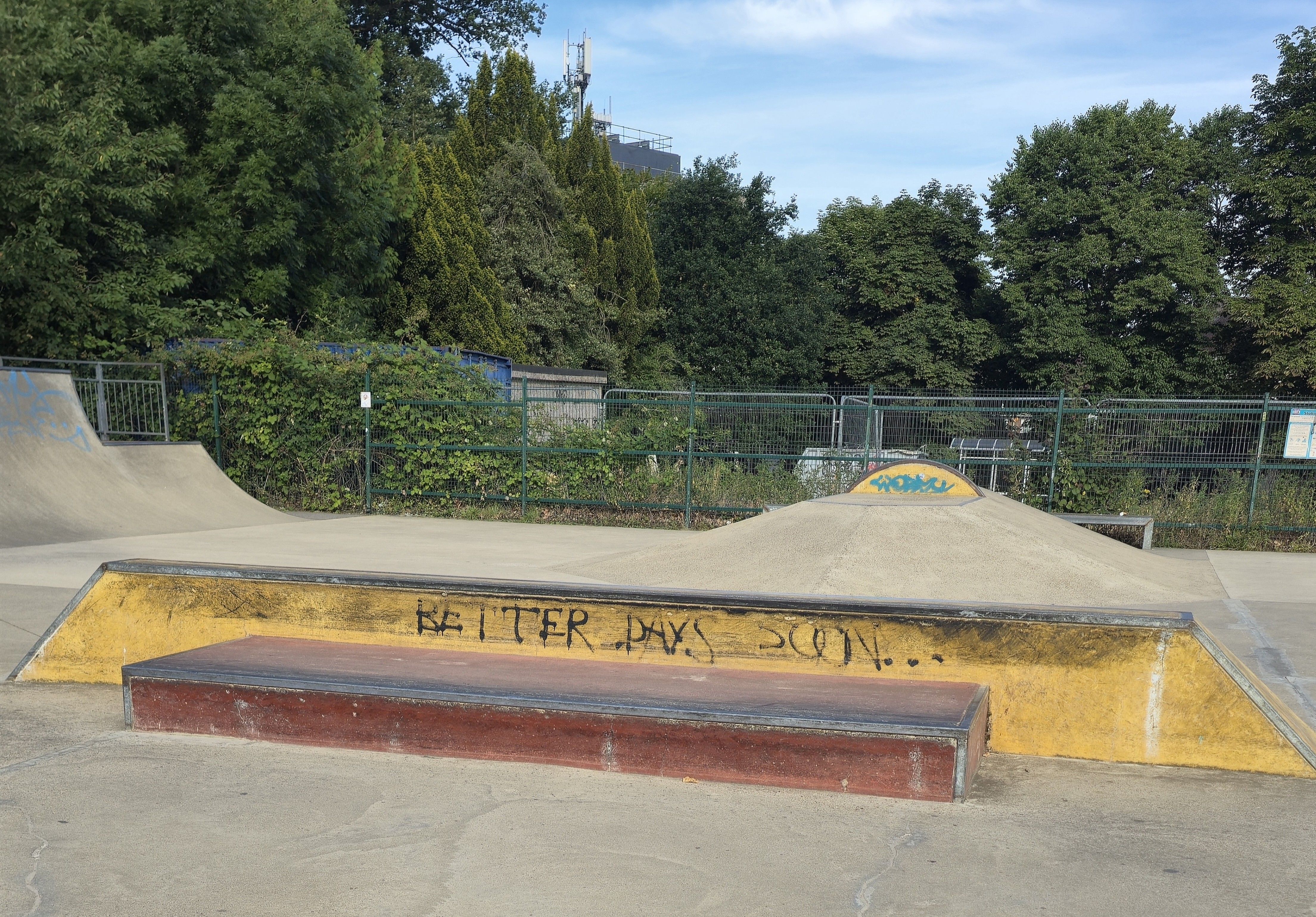 An inspirational alternative view, advertising Better Days Ahead on one of many Skate Tricks in Stoke Park, Skate Park, Guildford, Surrey, United Kingdom. Photo taken in September 2025