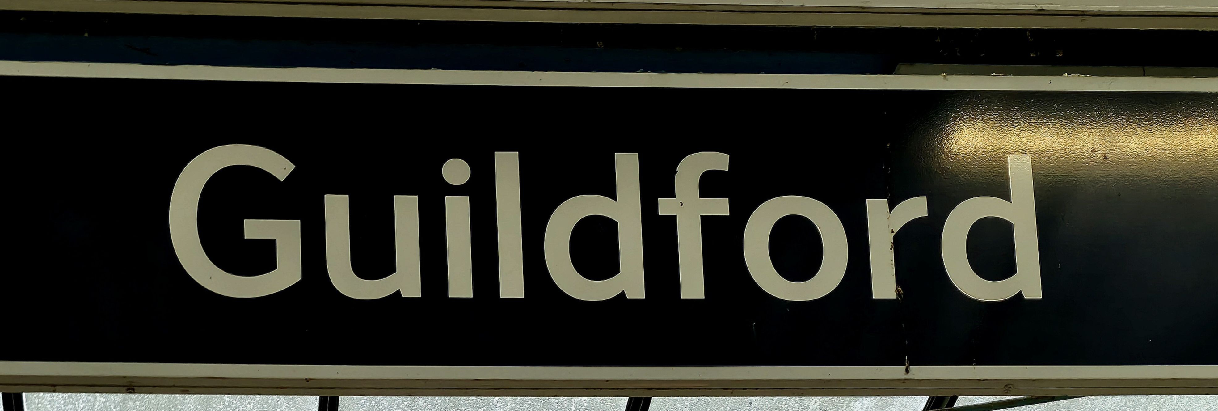 A photo of a sign welcomming you to Guildford, United Kingdom. Photo taken in Decembber 2025, by Photographer Amonn AL-Mahrouq
